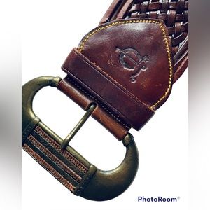 Woven Leather Western Belt Braided Brass Buckle Cowboy Brown Stamped S/M 35”